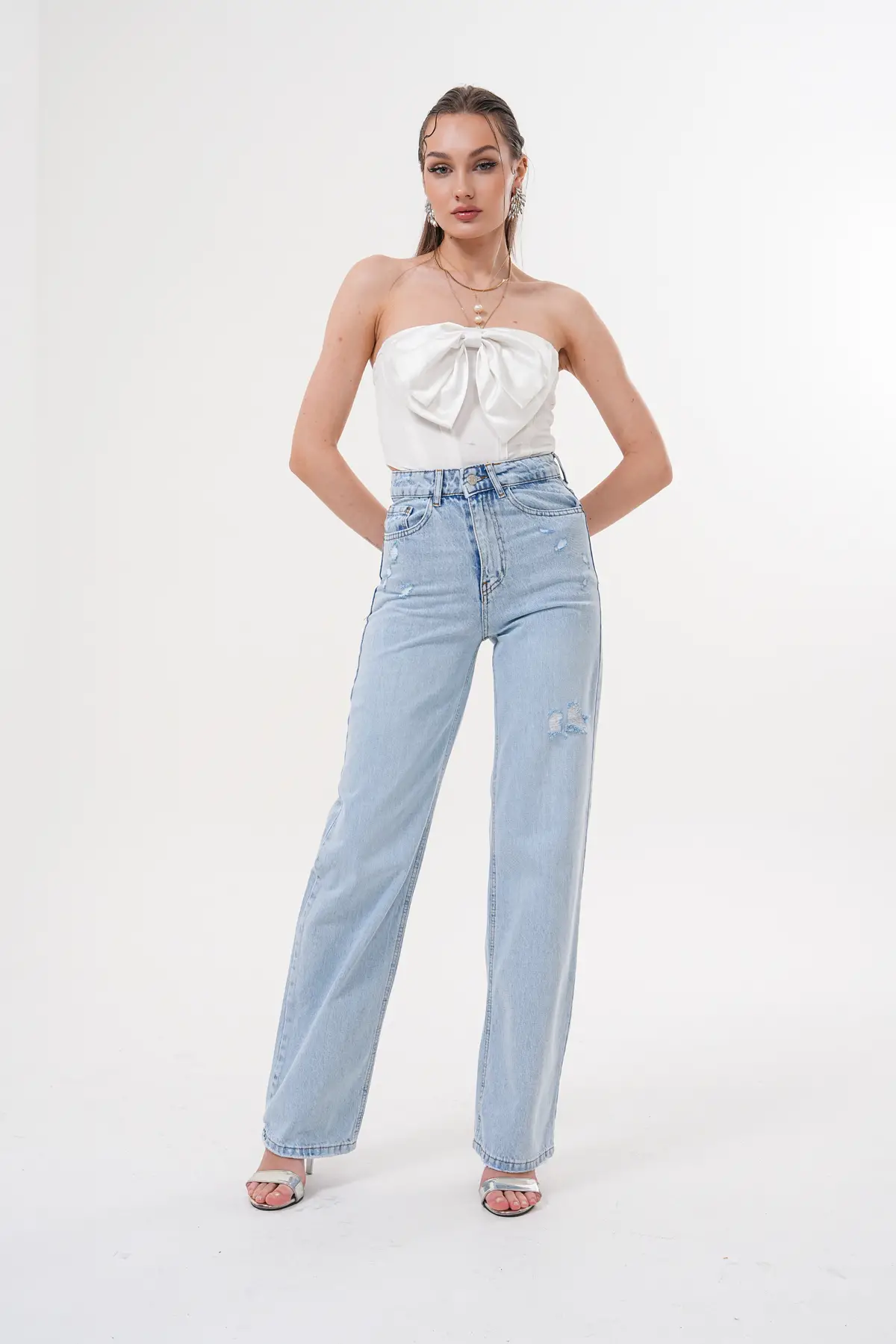 Wide Leg Kadın Kot Pantolon Buz Mavi Lazerli 1301/32-107