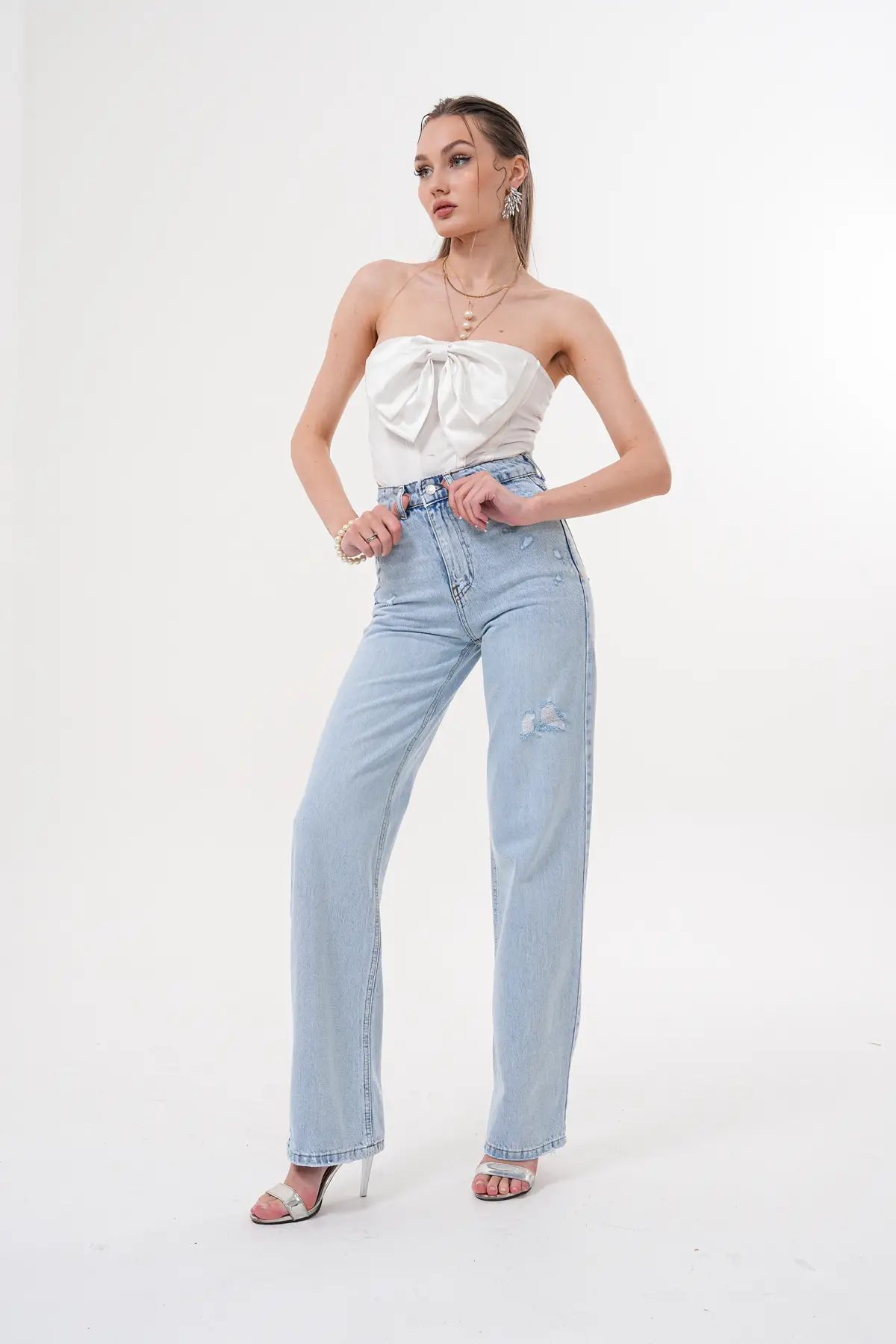 Wide Leg Kadın Kot Pantolon Buz Mavi Lazerli 1301/32-107