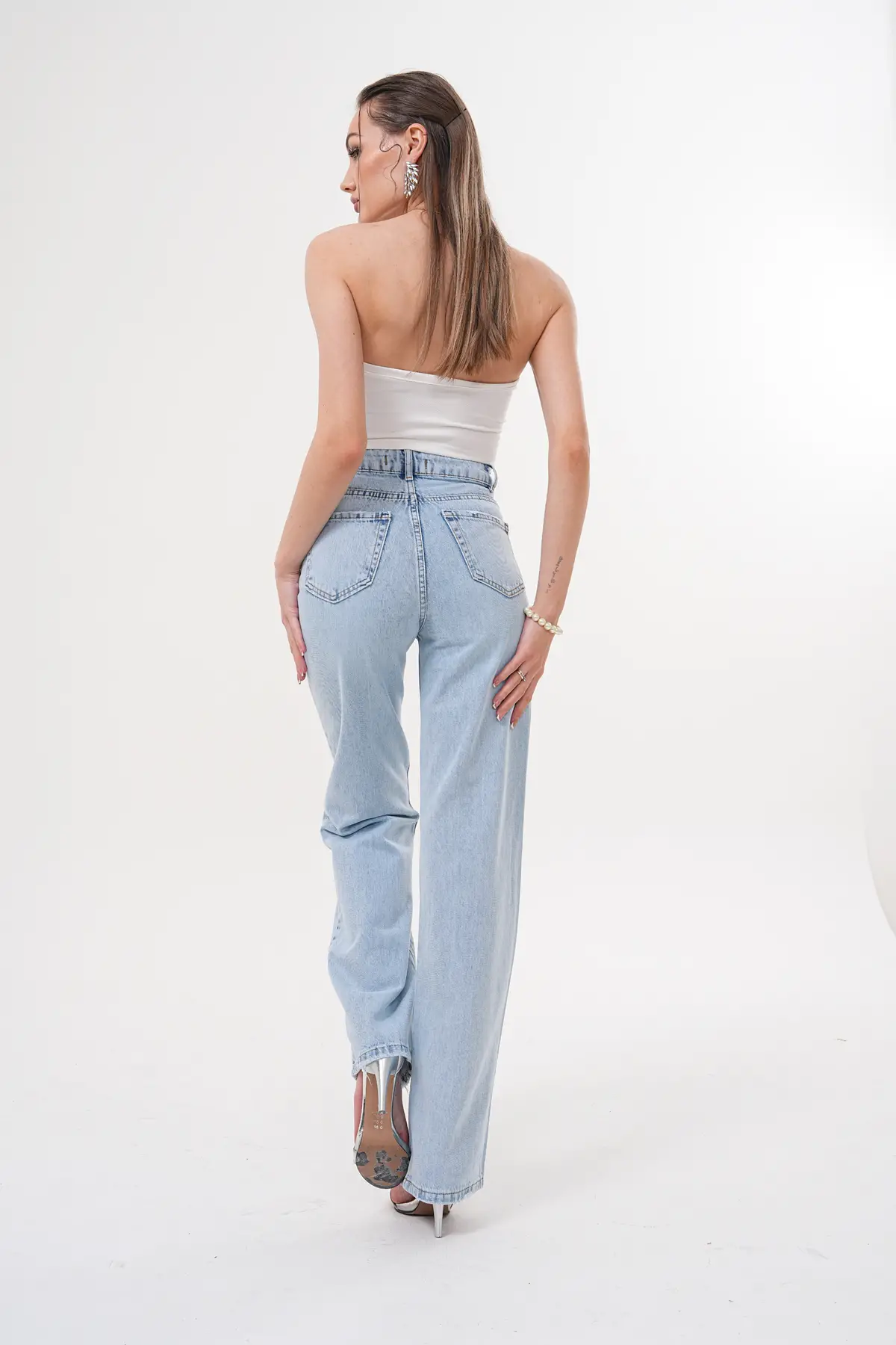 Wide Leg Kadın Kot Pantolon Buz Mavi Lazerli 1301/32-107