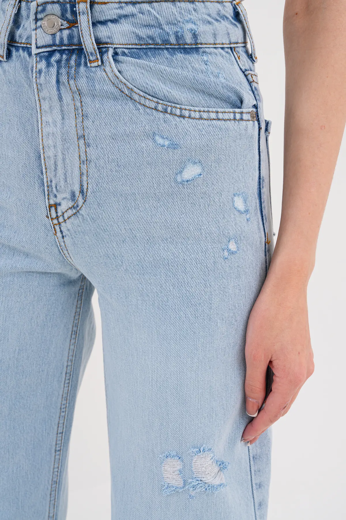 Wide Leg Kadın Kot Pantolon Buz Mavi Lazerli 1301/32-107