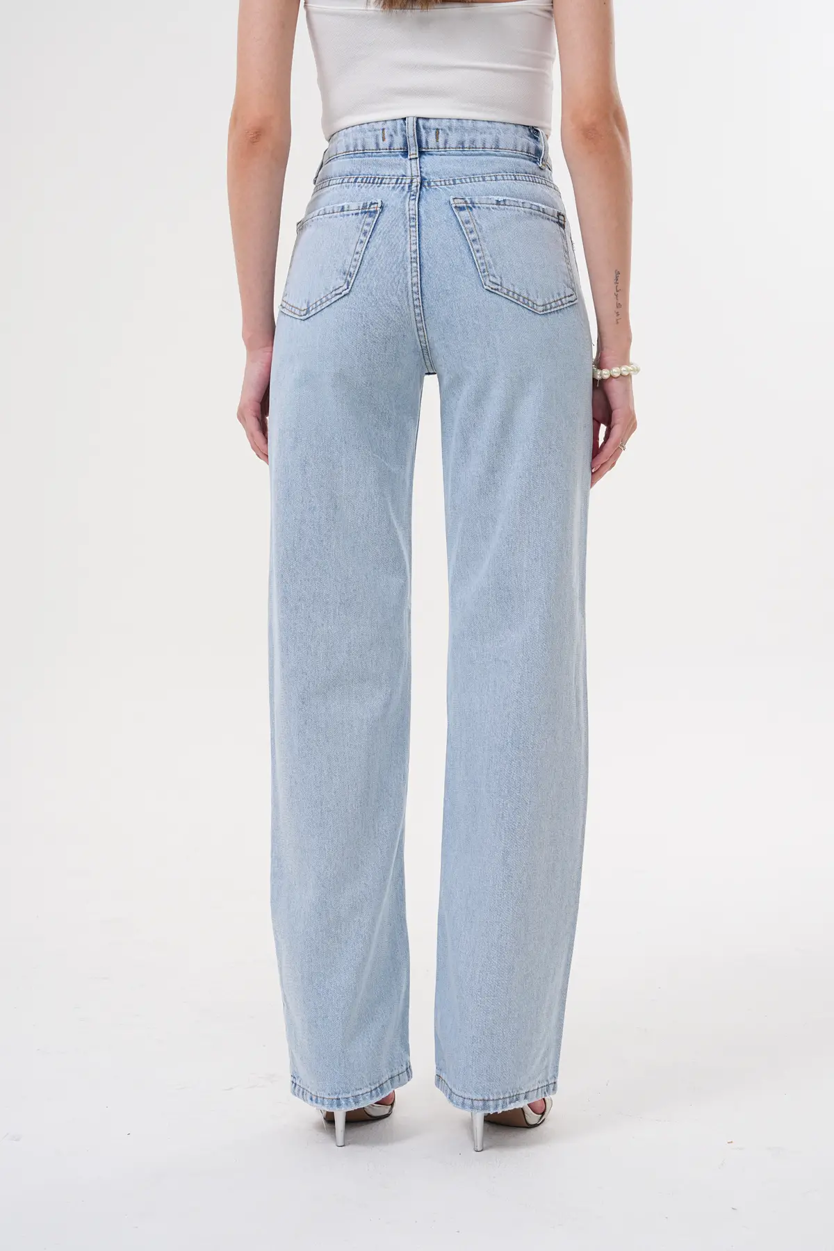 Wide Leg Kadın Kot Pantolon Buz Mavi Lazerli 1301/32-107