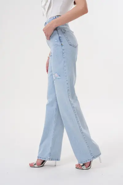 Wide Leg Kadın Kot Pantolon Buz Mavi Lazerli 1301/32-107