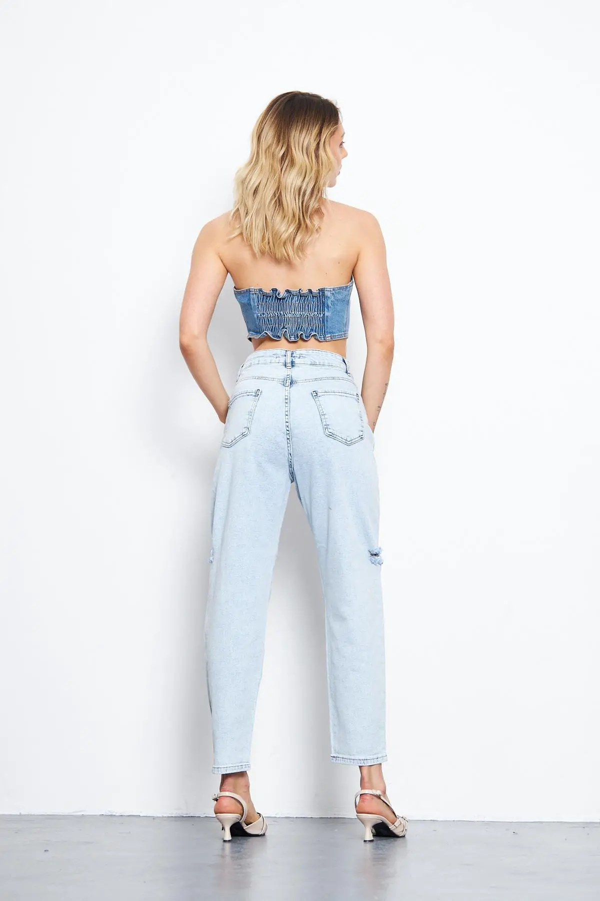 Kadın Mom Kot Pantolon Buz Mavi Lazerli 268-08