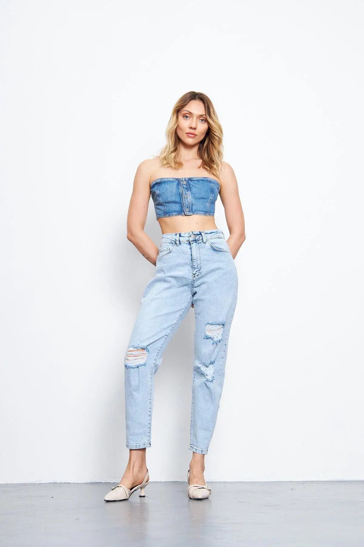 Kadın Mom Kot Pantolon Buz Mavi Lazerli 268-07