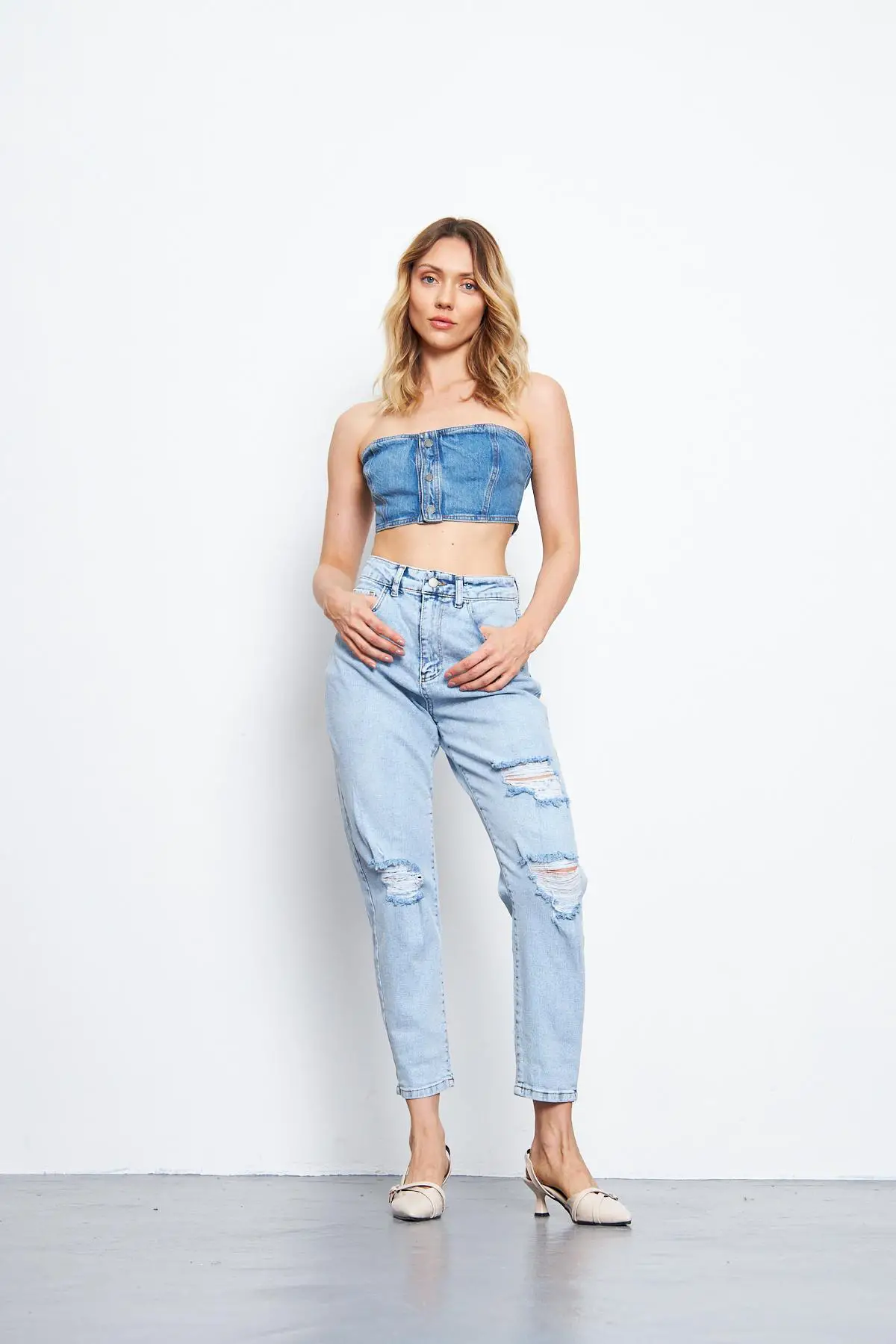 Kadın Mom Kot Pantolon Buz Mavi Lazerli 268-07