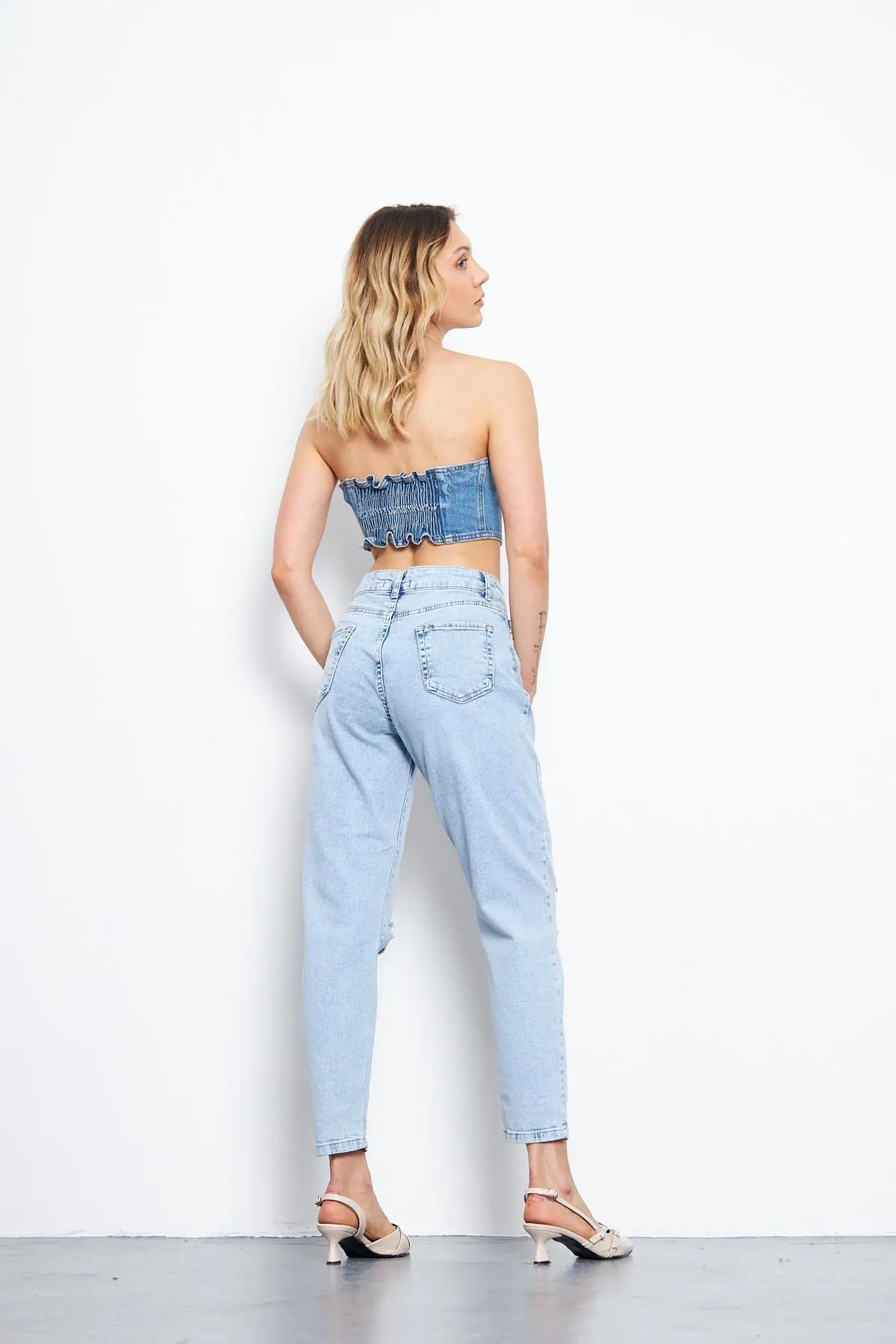 Kadın Mom Kot Pantolon Buz Mavi Lazerli 268-07