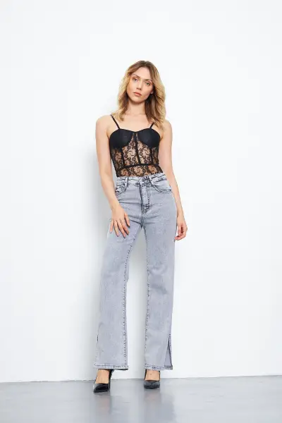 Kadın Wide Leg Pantolon Füme 355-60