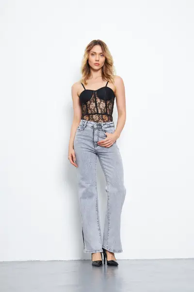 Kadın Wide Leg Pantolon Füme 355-60